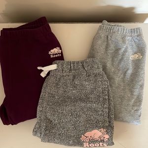 Lot 3 girls Roots, 2 legging and 1 sweat short size 9-10, 11-12